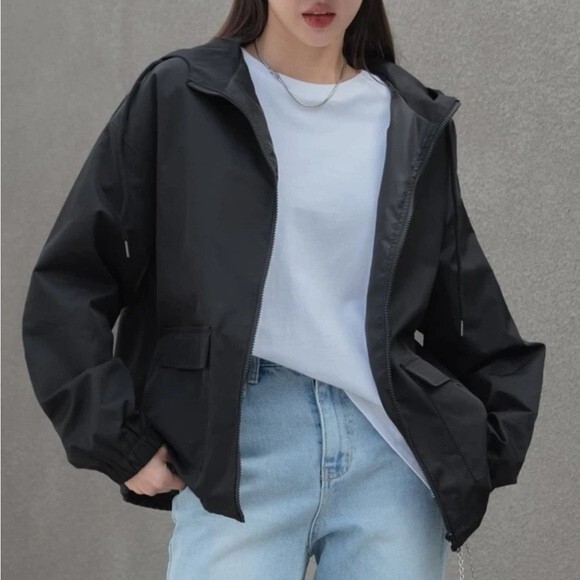 Dazy SHEIN Black Drop Shoulder Drawstring Hooded Jacket Small - Picture 5 of 8